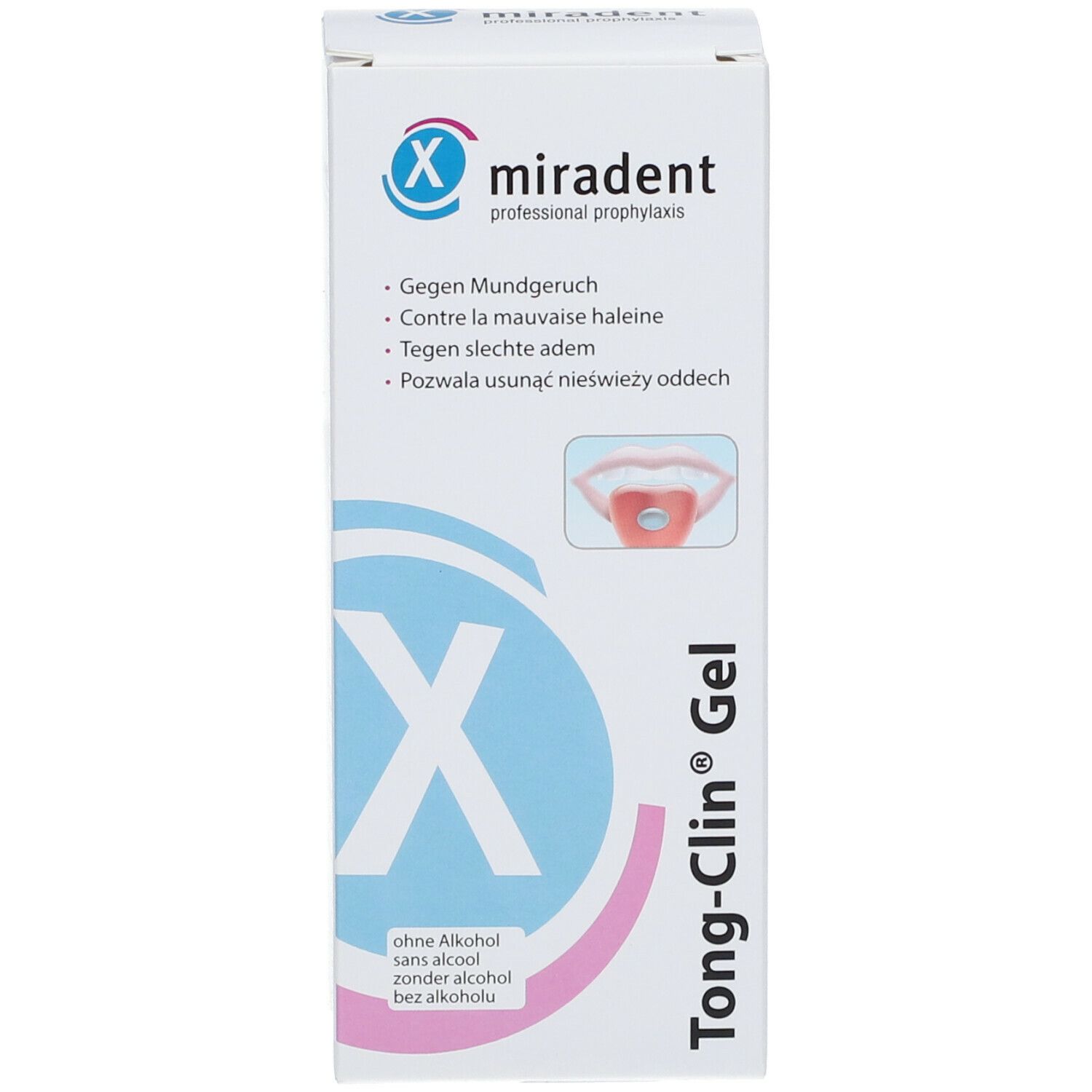 Weiße Produktverpackung. Aufschrift: Miradent, Tong-Clin Gel, ohne Alkohol. Illustration einer Zunge.