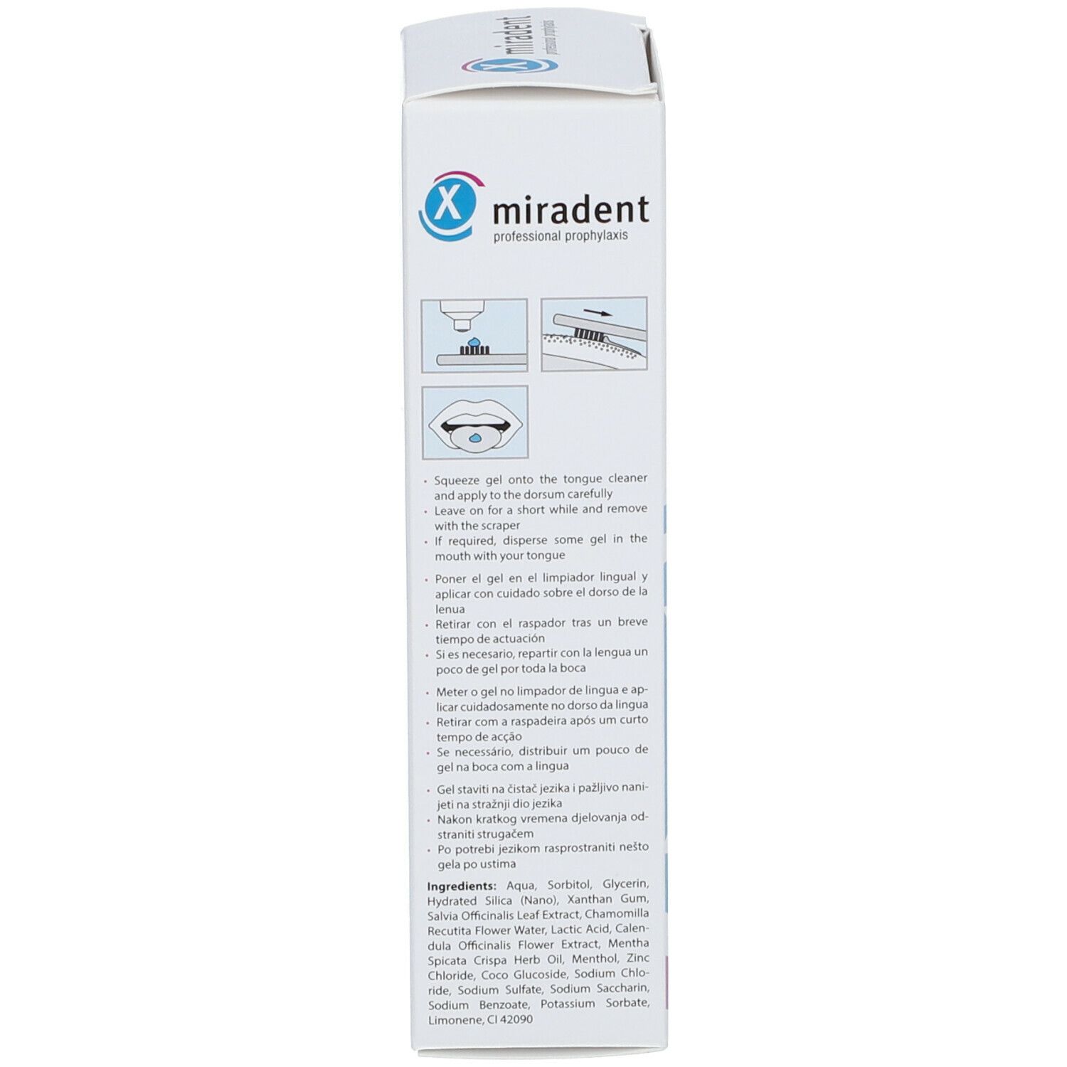Rückseite der Produktverpackung. Anweisungen zur Anwendung in mehreren Sprachen. Inhaltsstoffe.