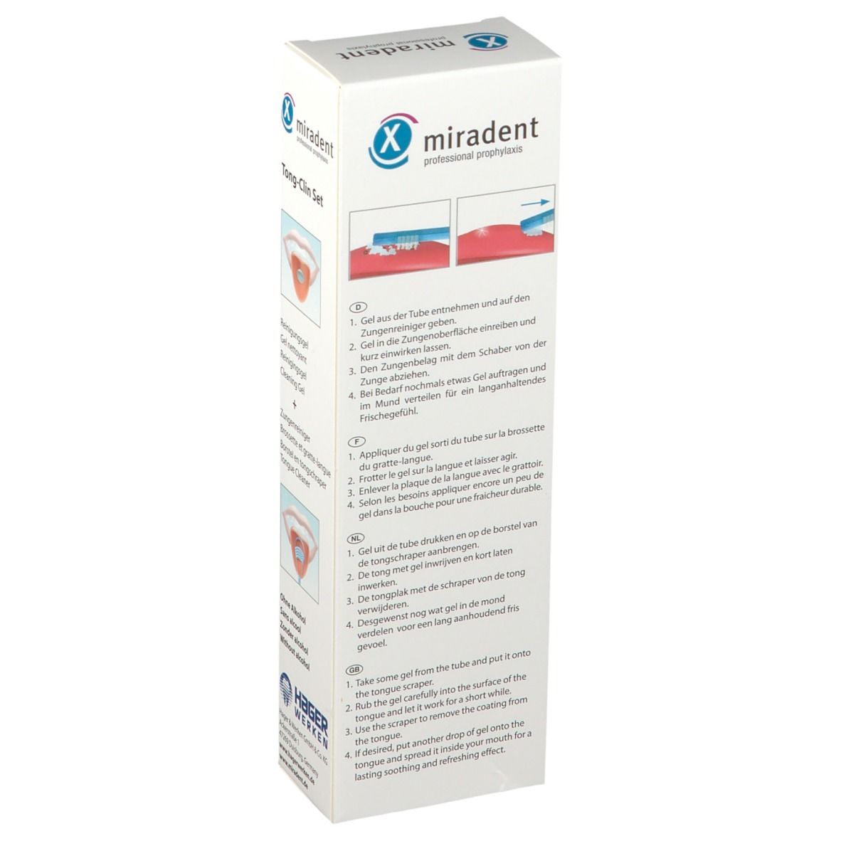 Emballage Miradent Tong-Clin Set. Instructions d'utilisation du gel et du gratte-langue.
