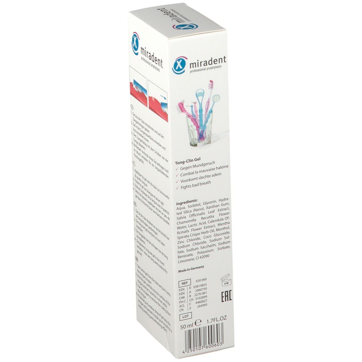 Emballage Miradent Tong-Clin Gel. Ingrédients et instructions. Inscription : contre la mauvaise haleine.