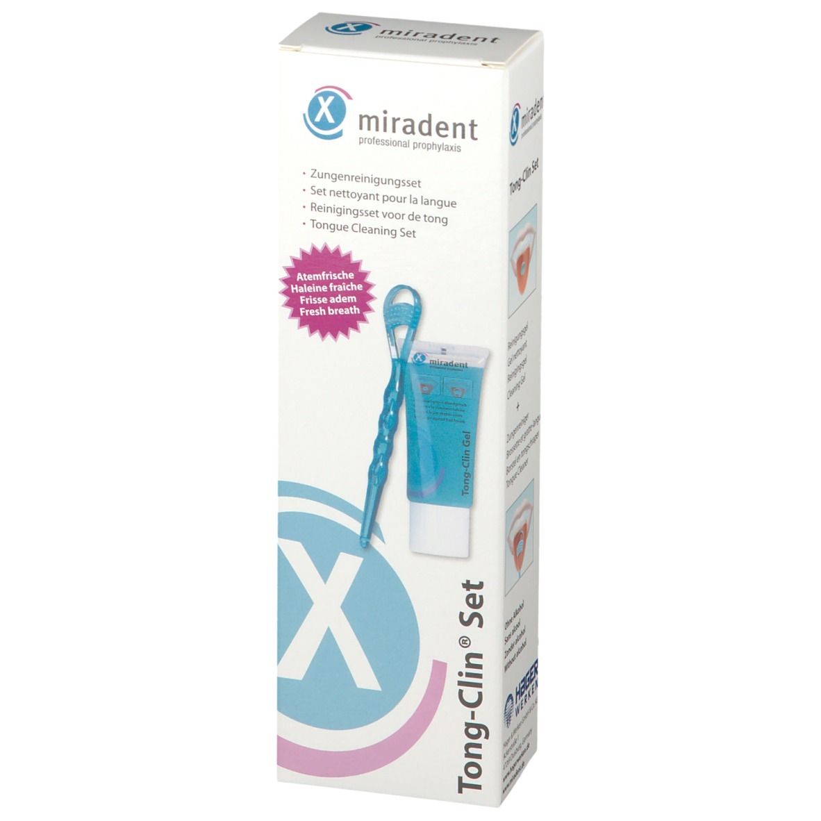Emballage Miradent Tong-Clin Set. Gratte-langue, gel. Inscription : haleine fraîche.