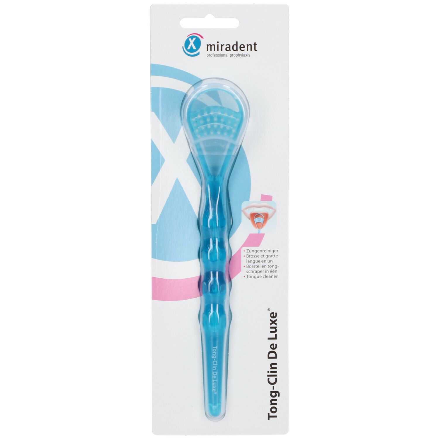 Zungenreiniger in Verpackung. Blau transparent, Griff mit Rillen. Marke: miradent, Schriftzug: Tong-Clin De Luxe.