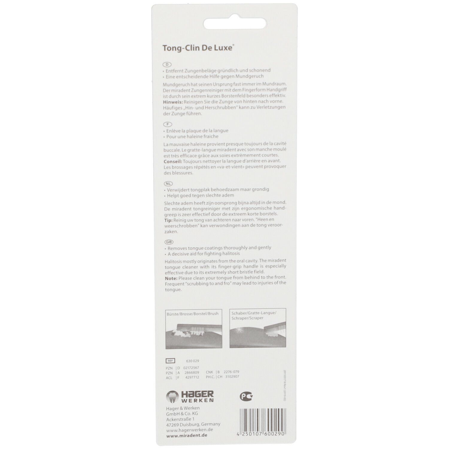 Rückseite der Verpackung. Text in mehreren Sprachen. Marke: Hager & Werken. Produktname: Tong-Clin De Luxe.