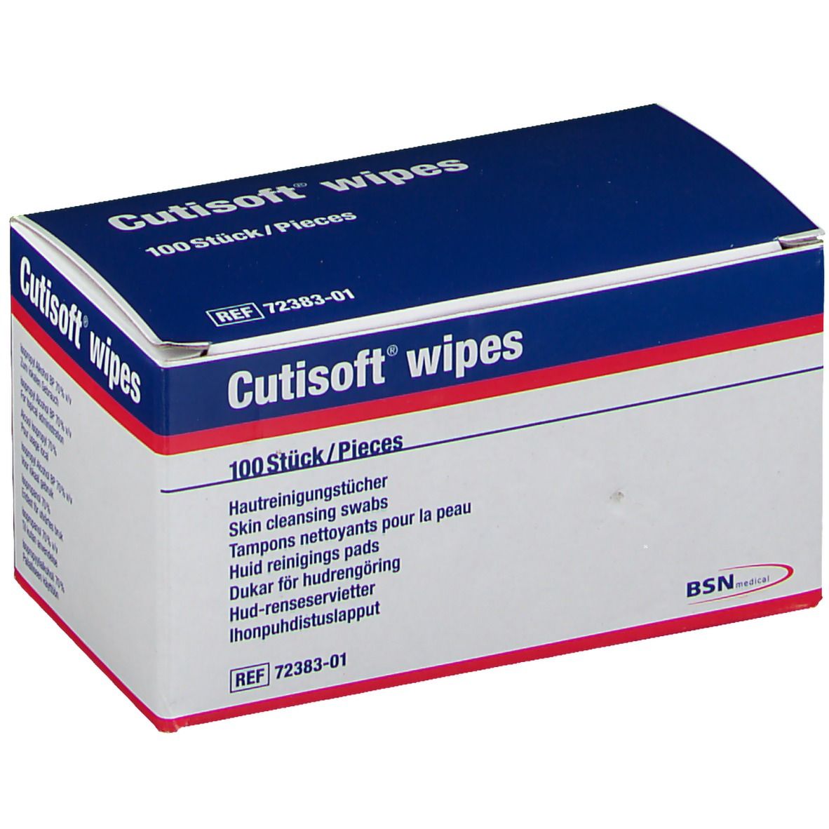 Scatola di Cutisoft wipes. Parte superiore blu, testo bianco. 100 pezzi. Salviette detergenti per la pelle.
