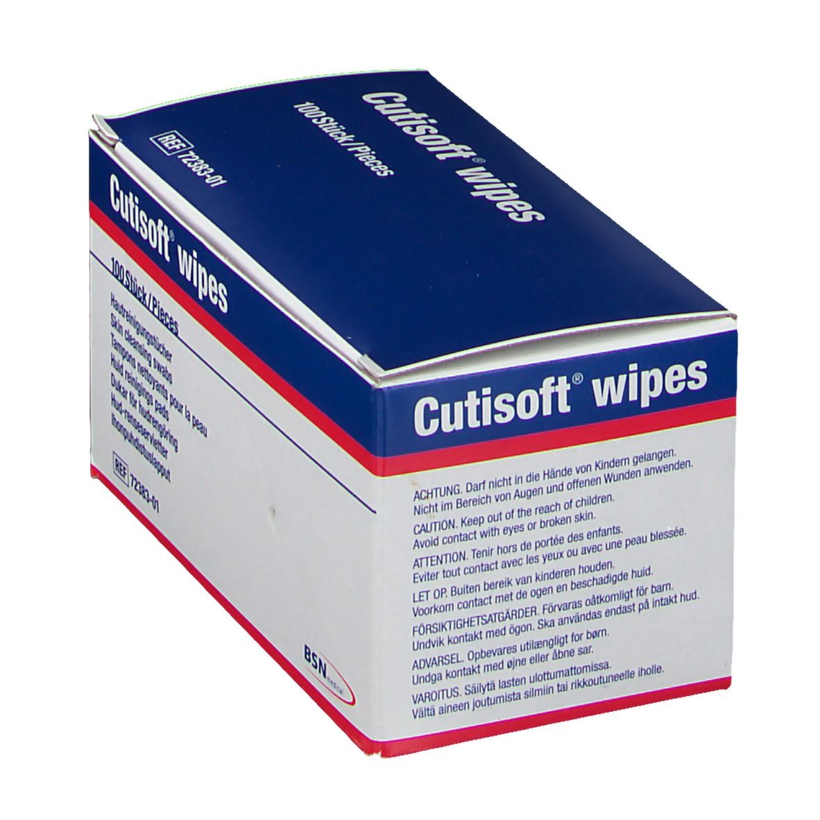 Scatola Cutisoft wipes. Parte superiore blu, testo bianco. 100 pezzi. Avvertenze sul lato.