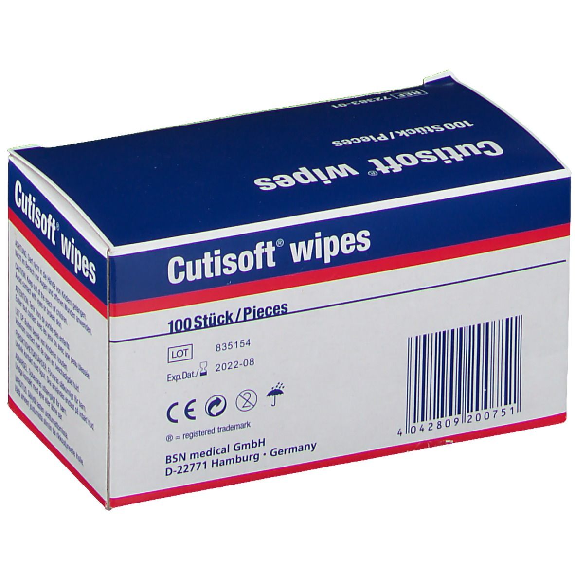 Scatola Cutisoft wipes. Parte superiore blu, testo bianco. 100 pezzi. Codice a barre e marchio CE.