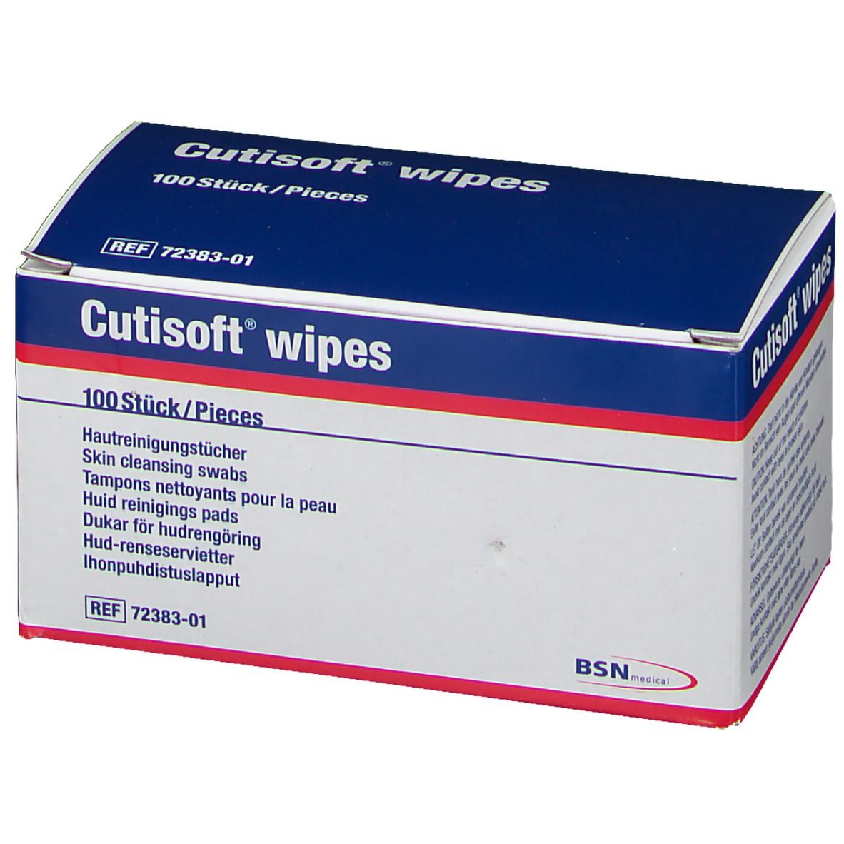 Scatola di Cutisoft wipes. Parte superiore blu, testo bianco. 100 pezzi. Salviette detergenti per la pelle.