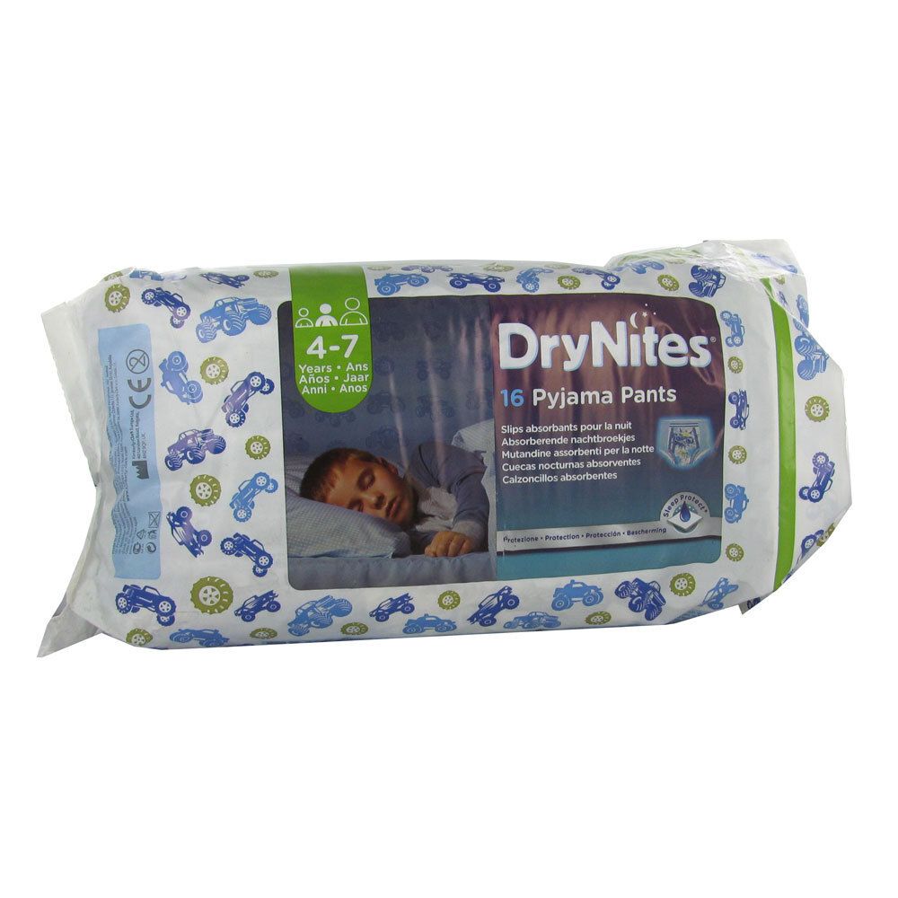 Paquet de DryNites Pyjama Pants pour garçons, 4-7 ans. 16 pièces. Motif voitures et enfant endormi.