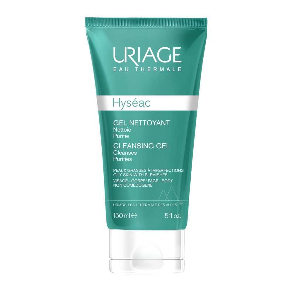 Dos du tube de gel nettoyant Uriage Hyséac. Texte en français. Ingrédients et instructions.