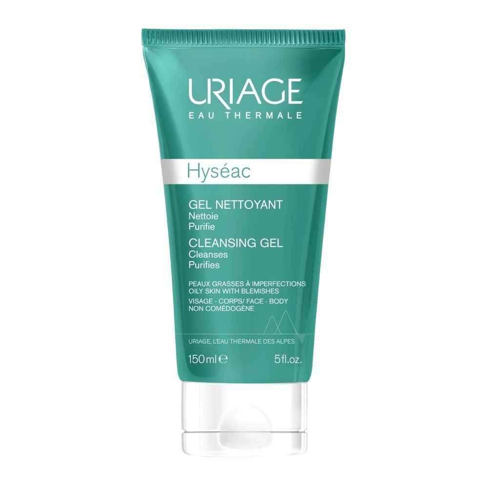 Uriage Hyséac reinigingsgel. Tube met groene dop en tekst. 150ml. Voor vette huid met onzuiverheden.