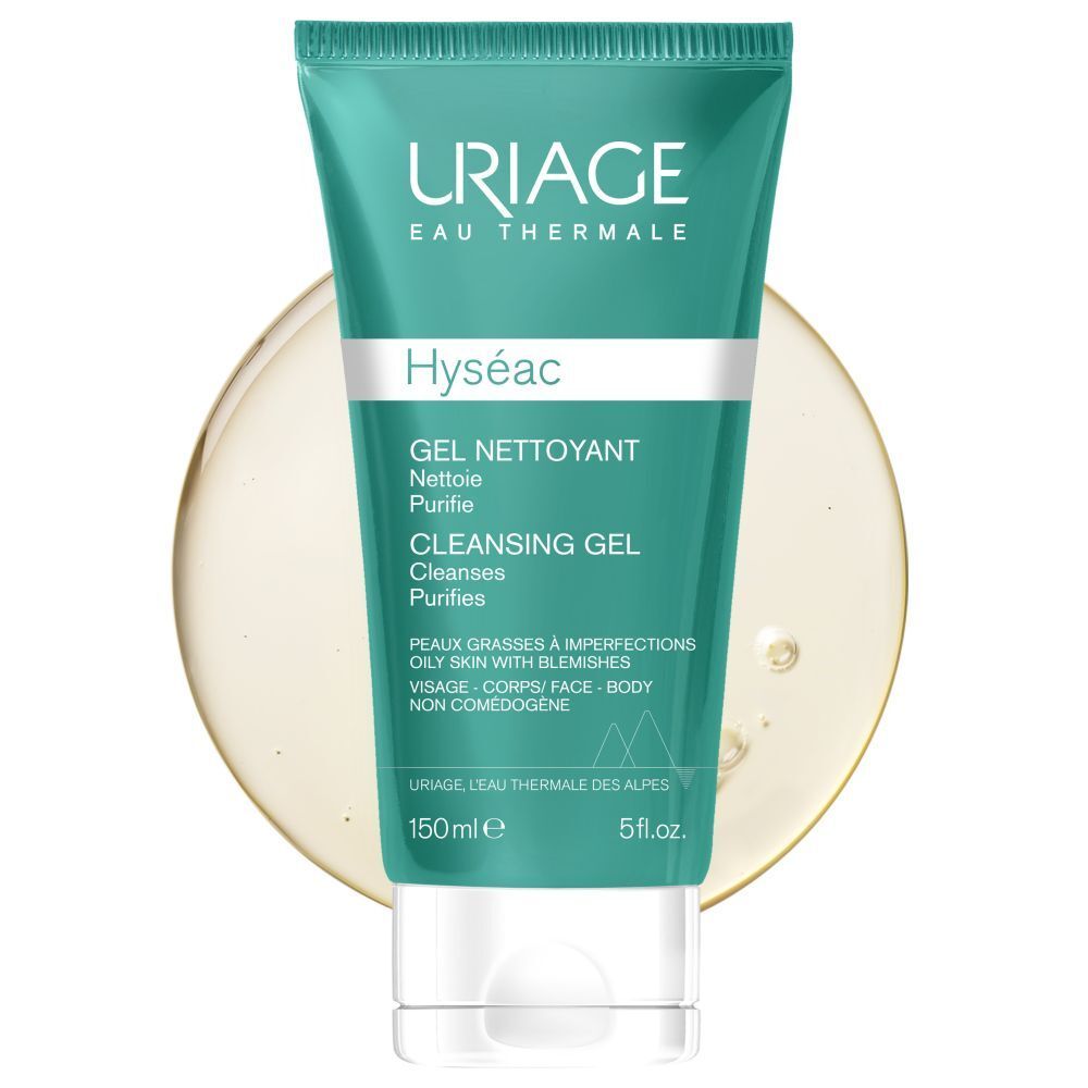 Uriage Hyséac reinigingsgel. Tube met groene dop en tekst. 150ml. Voor vette huid met onzuiverheden.