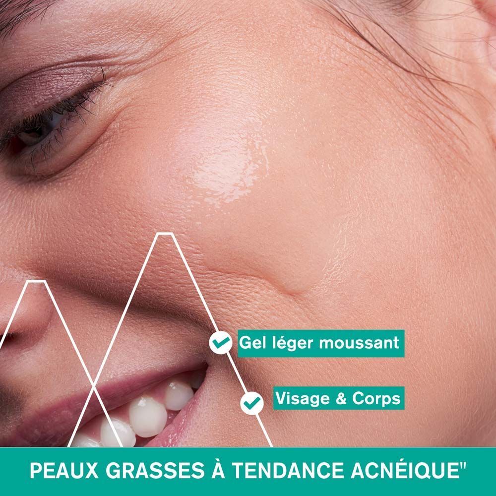 Visage de femme. Texte: Nettoie & purifie la peau, Élimine l'excès de sébum, Respecte l'épiderme.