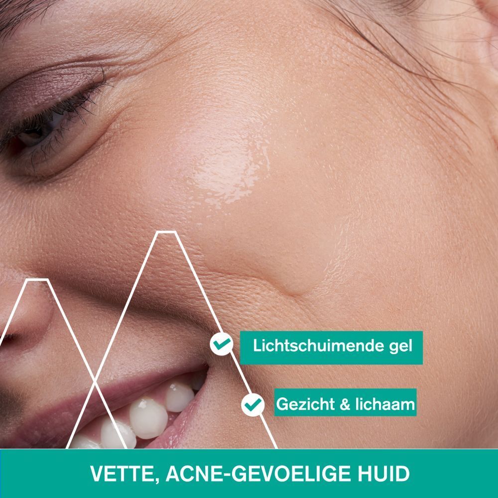 Gezicht van een vrouw. Tekst: Lichte schuimende gel, Gezicht & lichaam. Vette, acne-gevoelige huid.