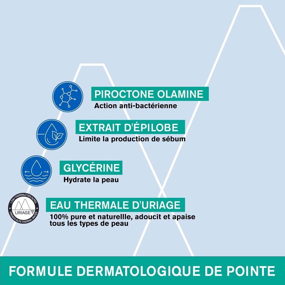 Dos du tube de gel nettoyant Uriage Hyséac. Texte en français. Ingrédients et instructions.