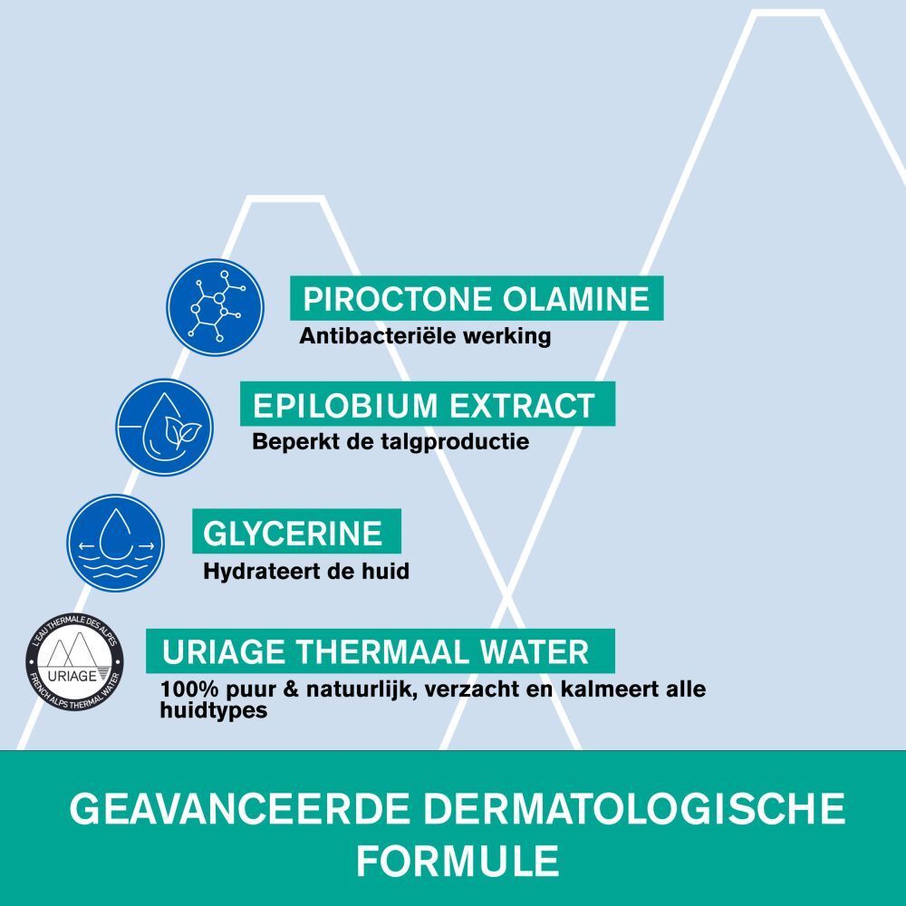 Grafiek met ingrediënten: Piroctone Olamine, Epilobium Extract, Glycerine, Uriage Thermaal Water.
