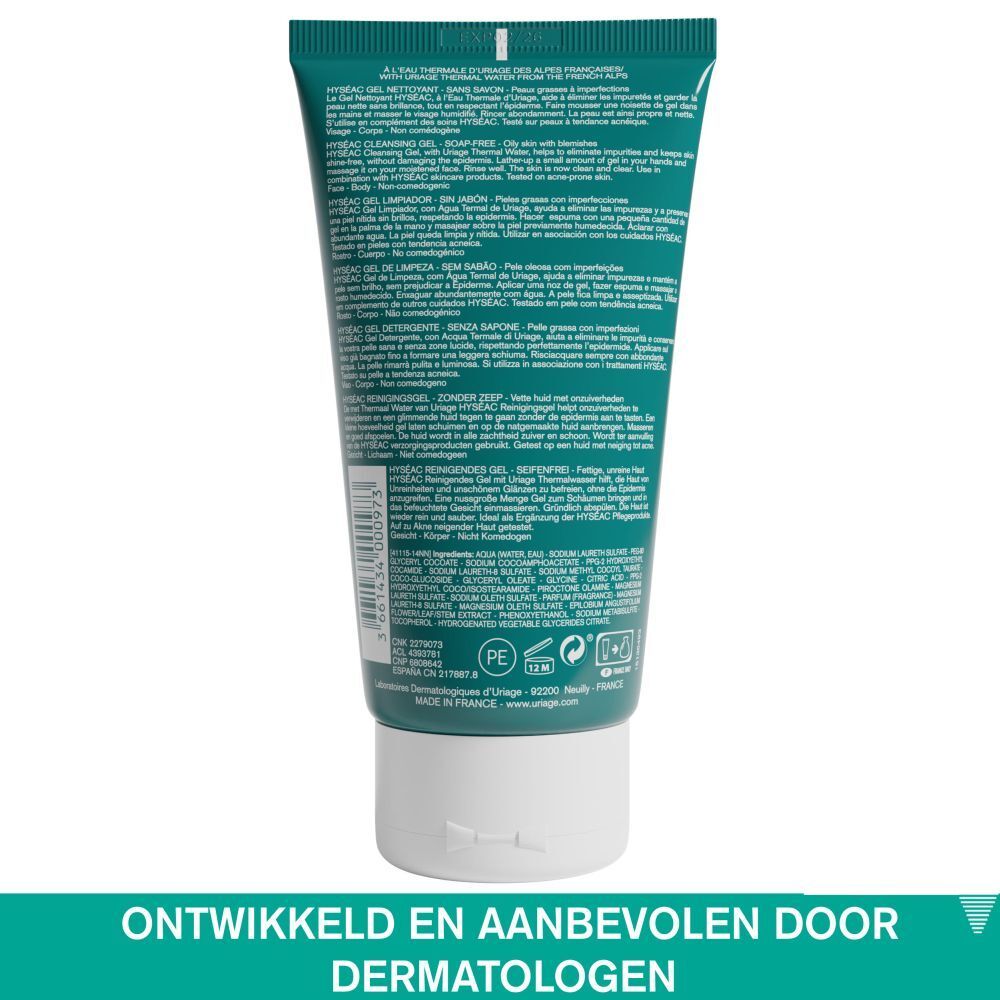 Achterkant van de Uriage Hyséac reinigingsgel tube. Nederlandse tekst. Ingrediënten en instructies.