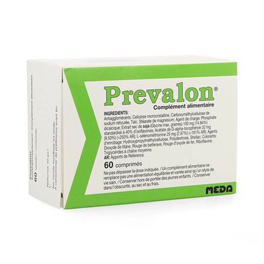 Doos met groene rand. Opschrift: Prevalon, 60 tabletten. Ingrediënten en MEDA-logo.