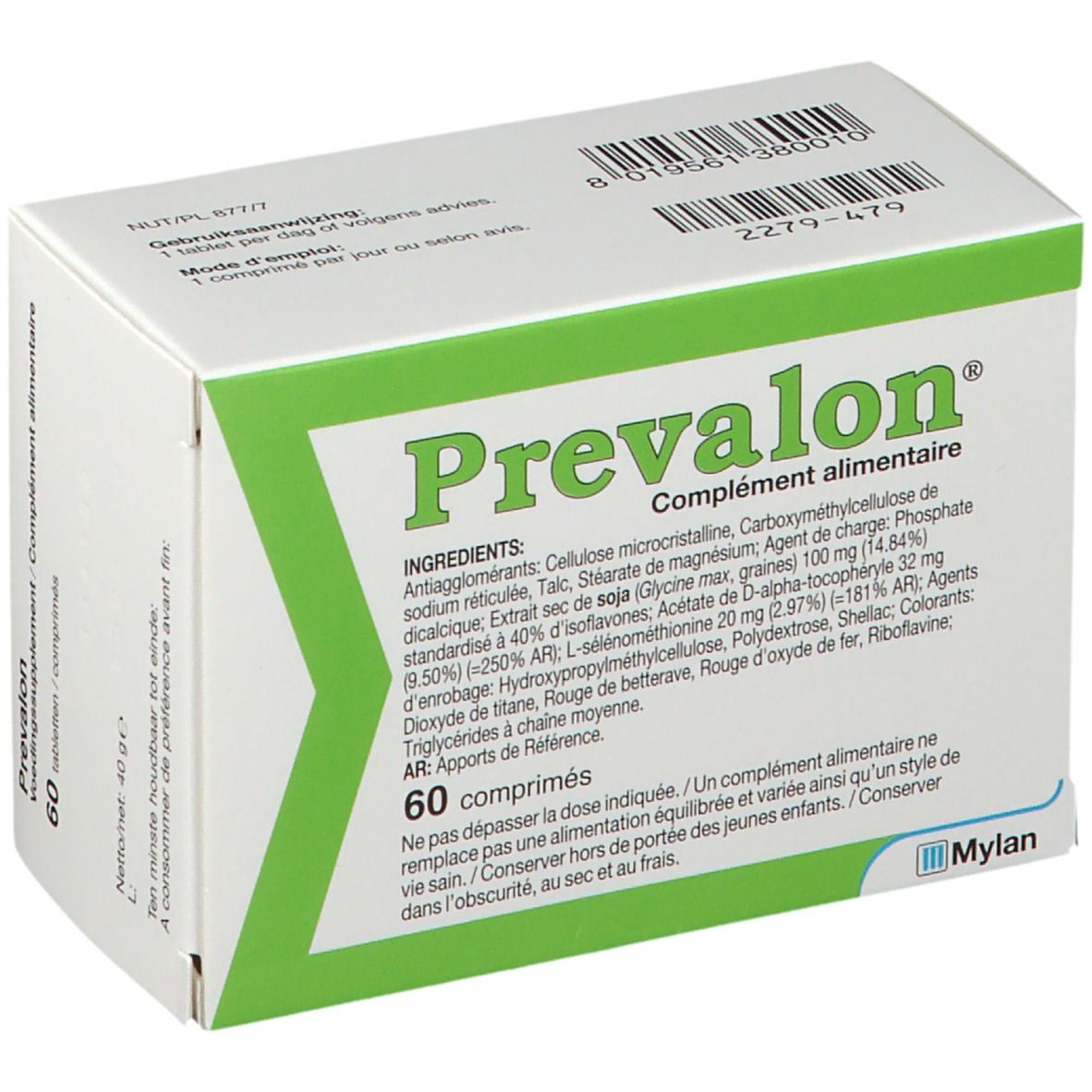 Boîte à cadre vert. Inscription: Prevalon, 60 comprimés. Ingrédients et logo Mylan.