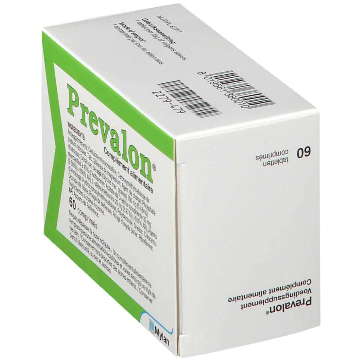 Boîte inclinée à cadre vert. Inscription: Prevalon, 60 comprimés. Logo Mylan.