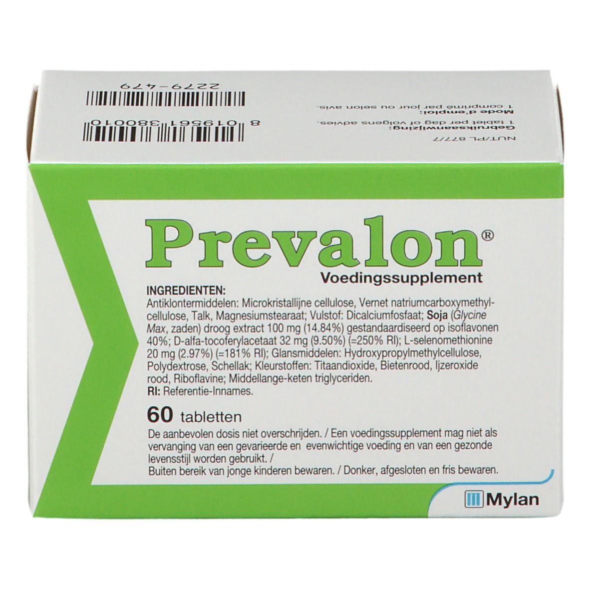 Boîte blanche à cadre vert. Inscription: Prevalon, 60 comprimés. Ingrédients et logo Mylan.