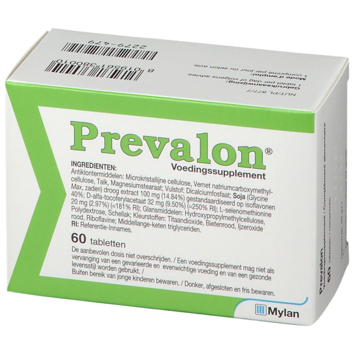 Boîte blanche à cadre vert. Inscription: Prevalon, 60 comprimés. Ingrédients et logo Mylan.