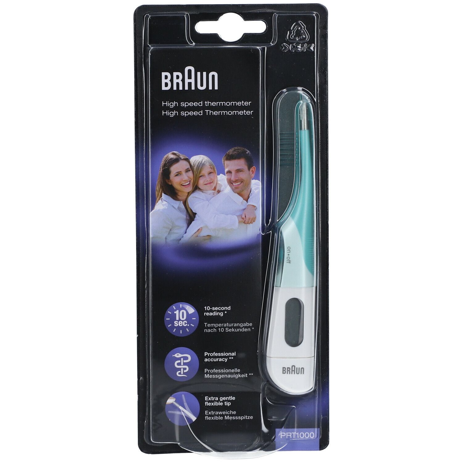Braun digitale thermometer PRT1000 in verpakking. Blauw-wit apparaat met display. Familie foto en productkenmerken.