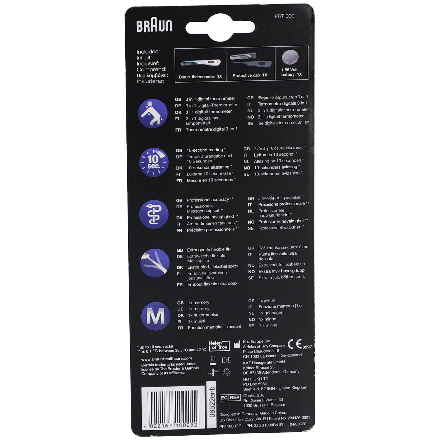 Achterkant van de verpakking van de Braun digitale thermometer PRT1000. Tekstinformatie, symbolen en productkenmerken.