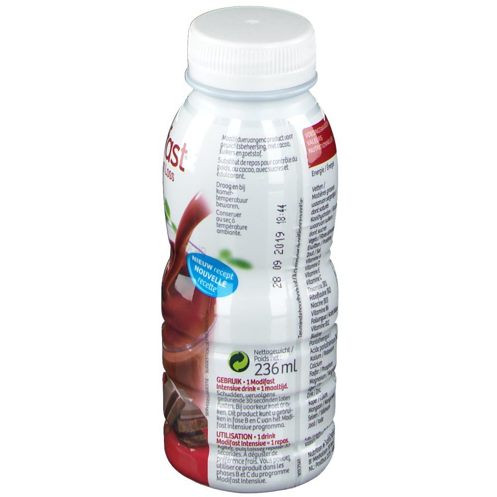 Drinkfles met witte dop. Etiket met product- en voedingsinformatie. Opschrift: Modifast Control Repas à Boire Chocolat.