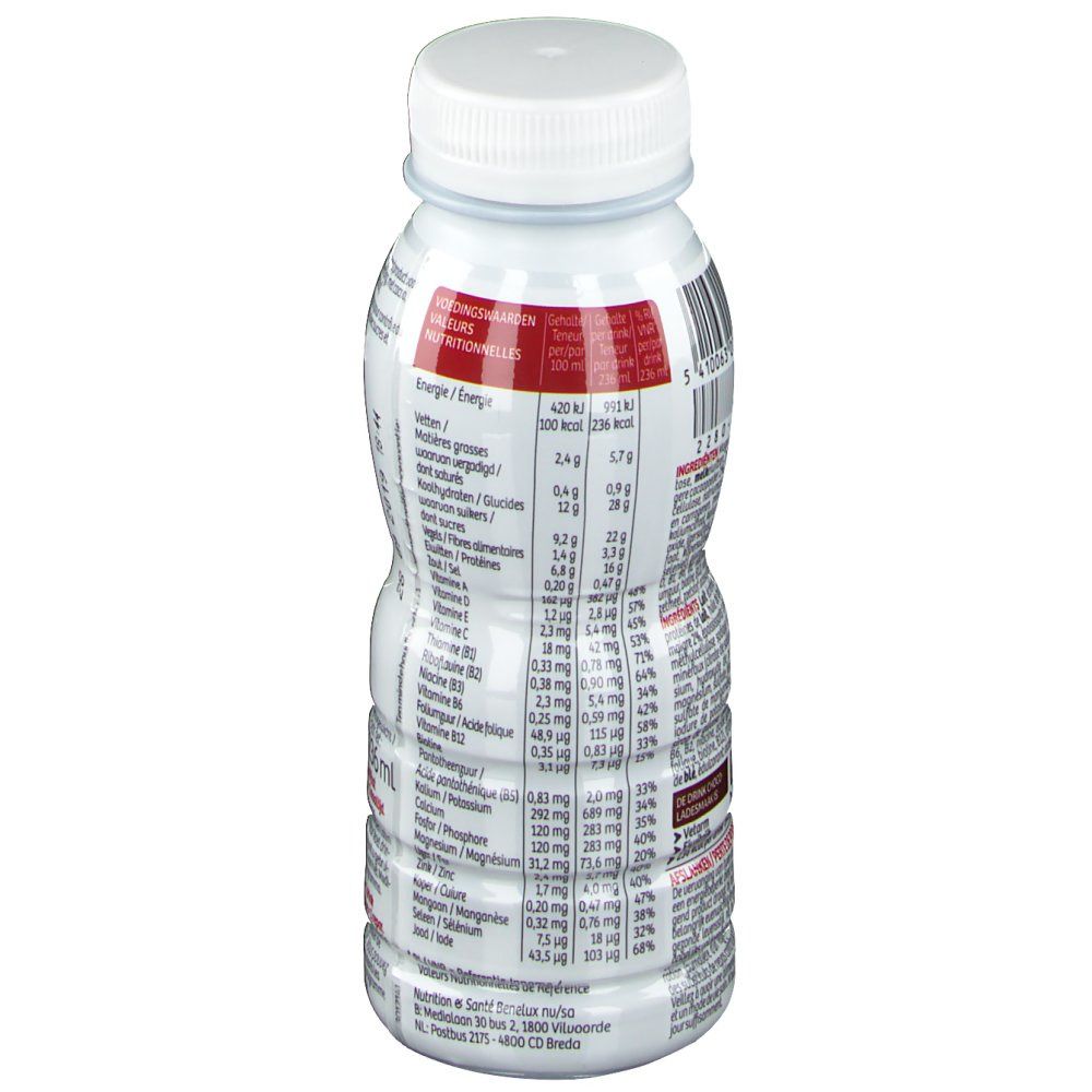 Drinkfles met witte dop. Etiket met voedingsinformatie. Opschrift: Modifast Control Repas à Boire Chocolat. Bevat voedingstabel.