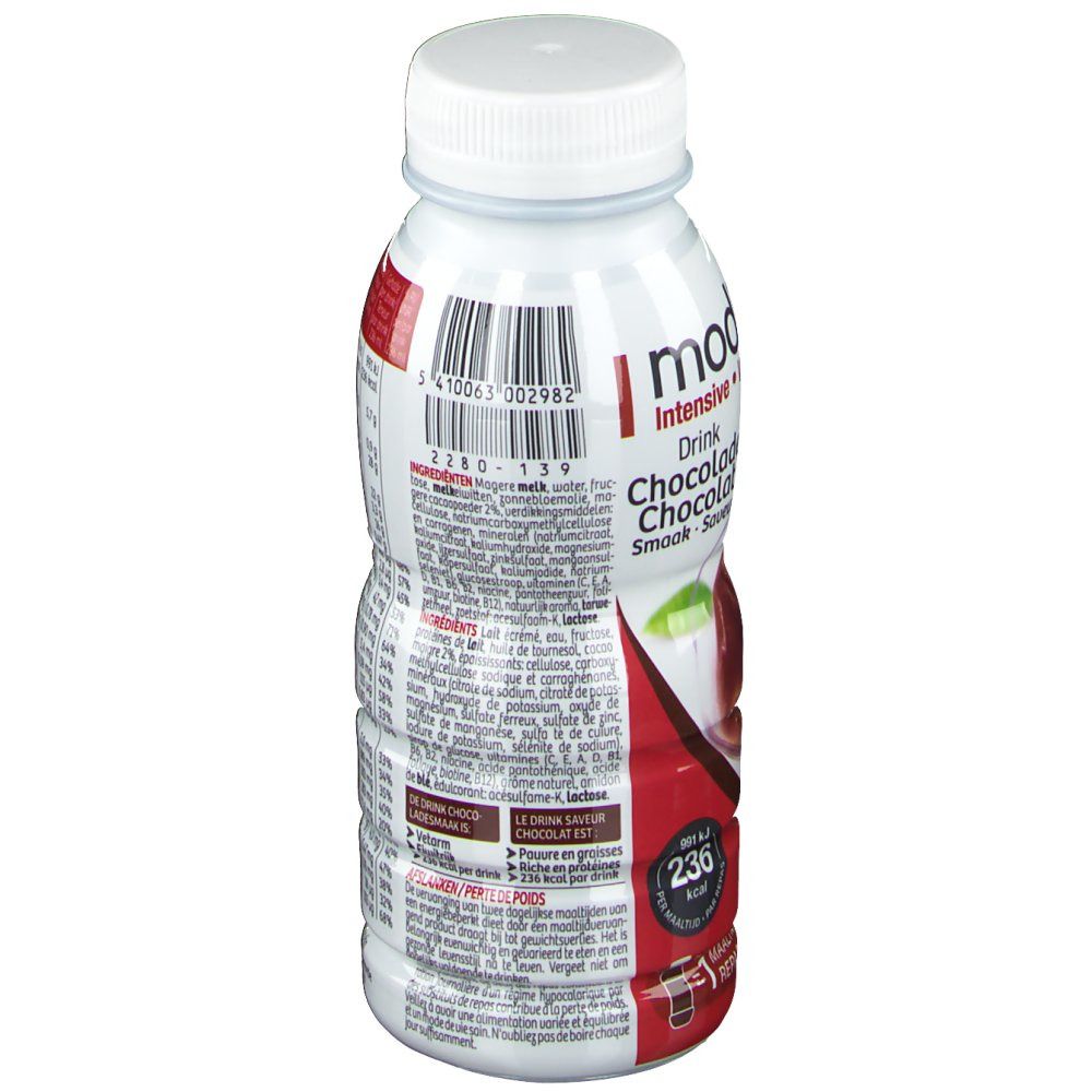 Drinkfles met witte dop. Etiket met ingrediëntenlijst en productinformatie. Opschrift: Modifast Control Repas à Boire Chocolat.