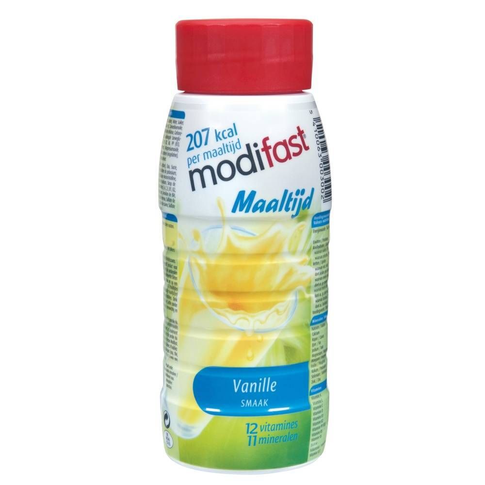 Bouteille Modifast, bouchon rouge. Inscription: Vanille, 207 kcal. Maaltijd.