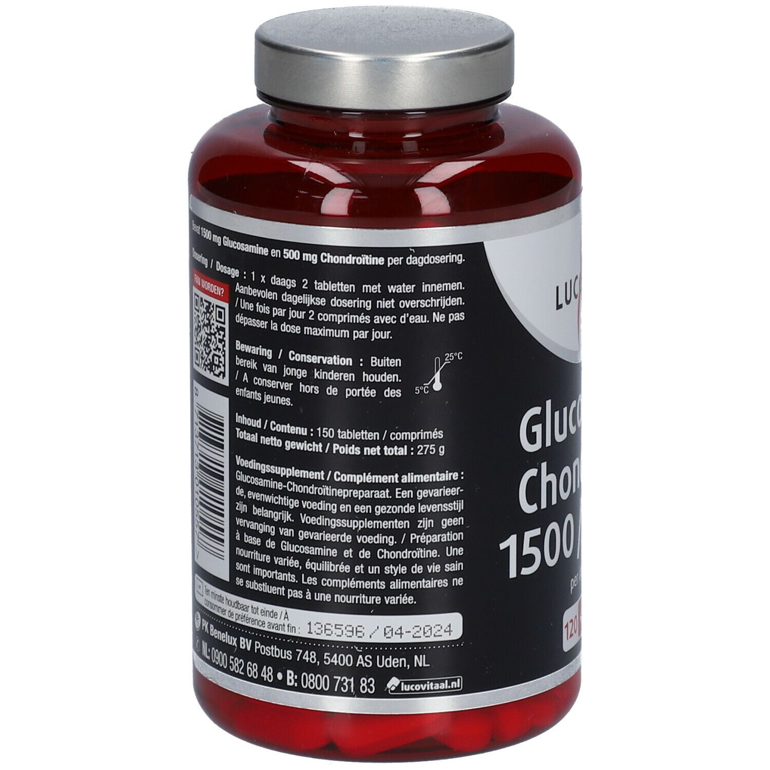 Dos de la bouteille rouge de comprimés. Étiquette avec informations sur ingrédients, dosage et conservation.
