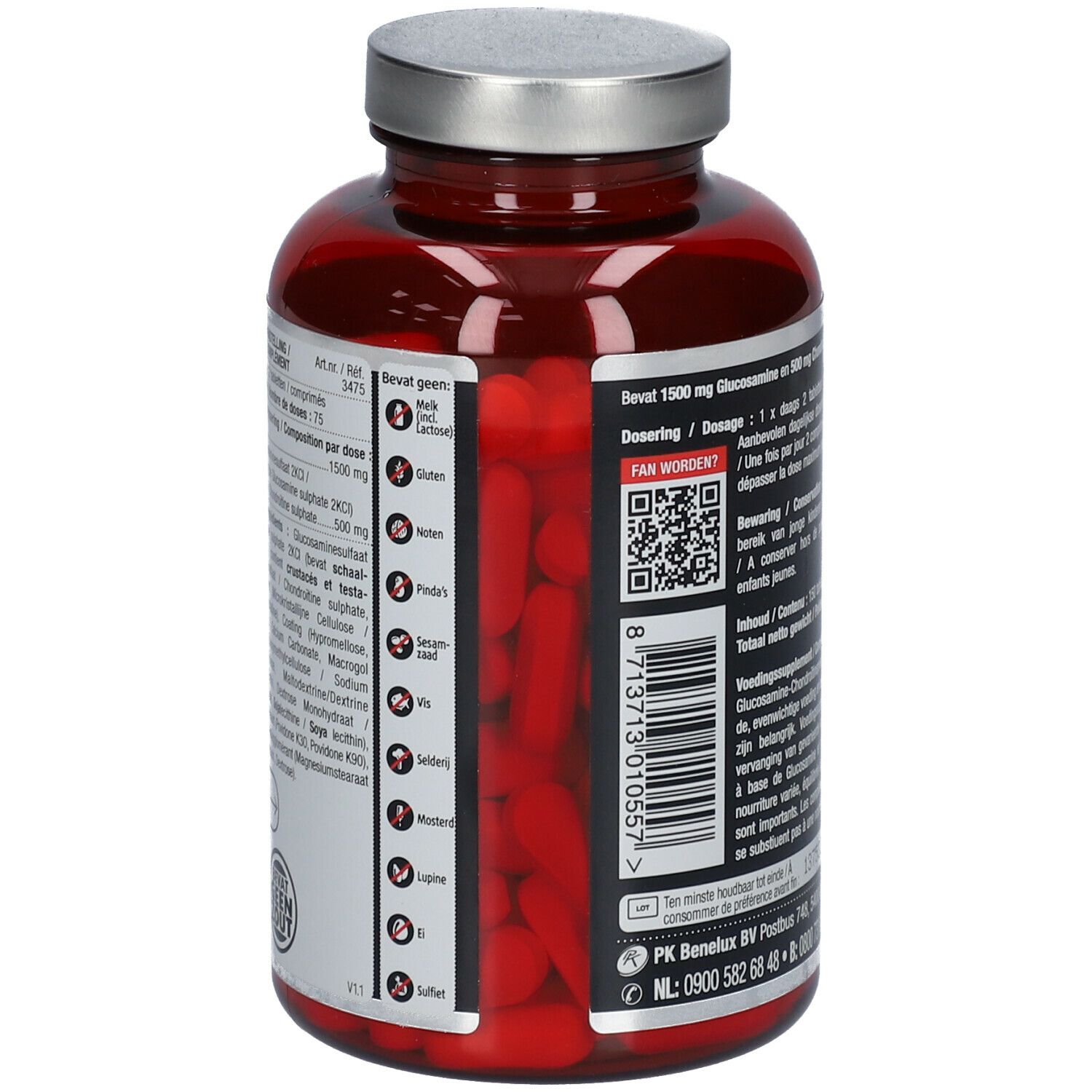 Flacon rouge avec comprimés. Dos avec ingrédients et QR code. Comprimés visibles.