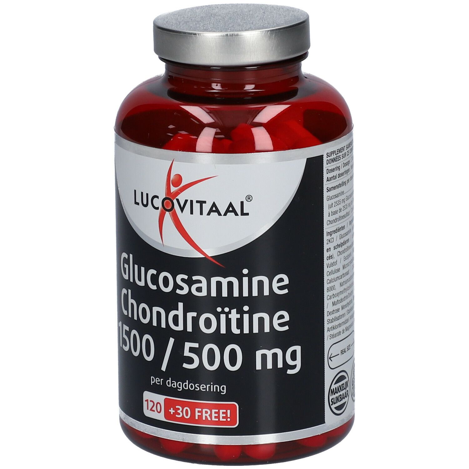 Flacon rouge de comprimés. Étiquette LUCOVITAAL®, Glucosamine Chondroïtine 1500/500 mg. 120+30 comprimés.