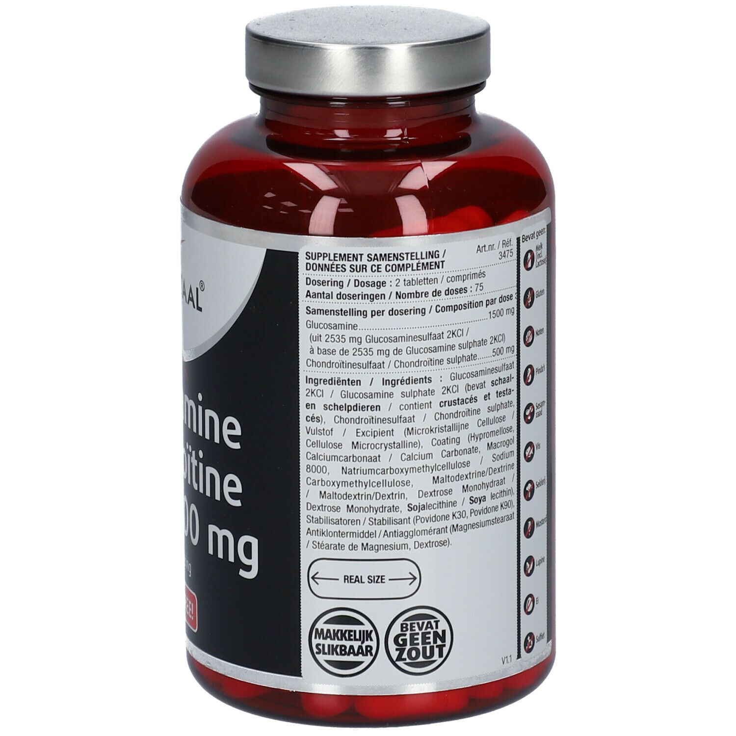 Flacon rouge avec comprimés. Étiquette avec ingrédients, dosage et autres informations.