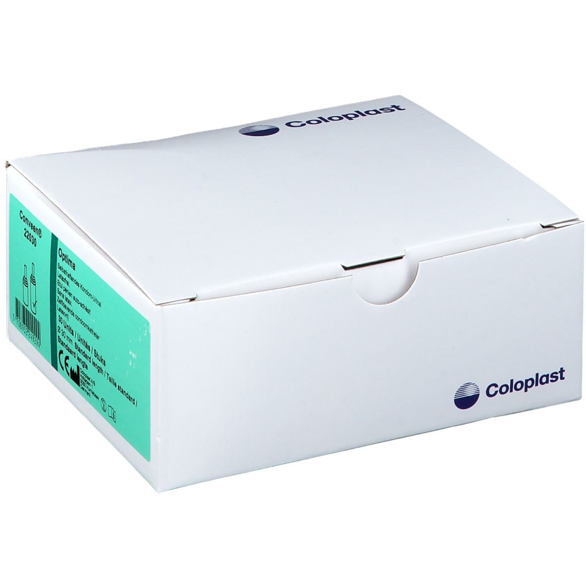 Witte verpakking met groen etiket. Coloplast-logo. Opschrift: Conveen Optima, 22030.
