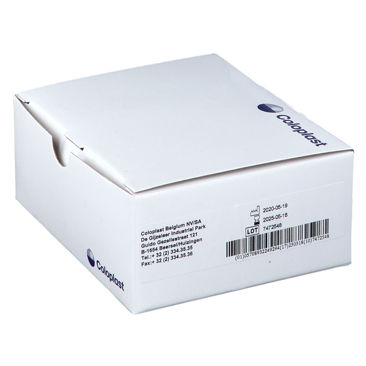 Witte verpakking met Coloplast-logo. Bedrukking met informatie en barcode. Productie- en vervaldatum.