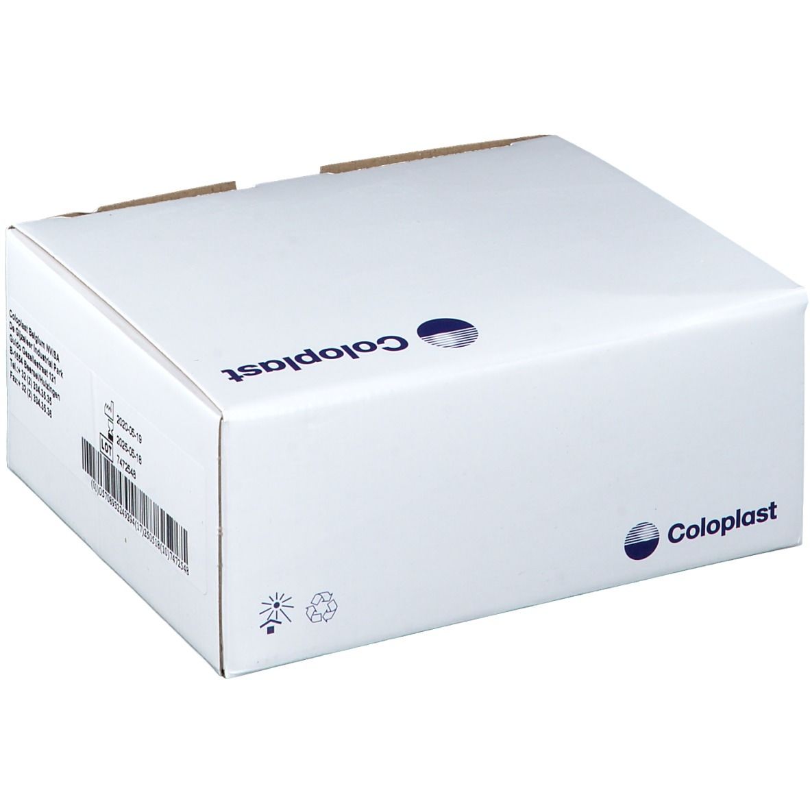 Witte verpakking met Coloplast-logo. Achterkant met informatie en symbolen. Schuine hoek.