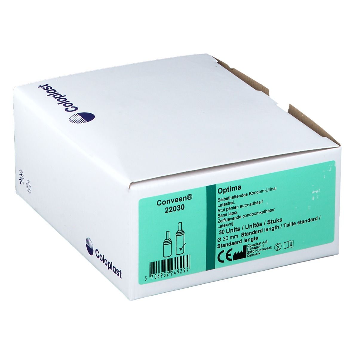 Witte verpakking met groen etiket. Coloplast-logo. Opschrift: Conveen, Optima, 22030, 30 mm.