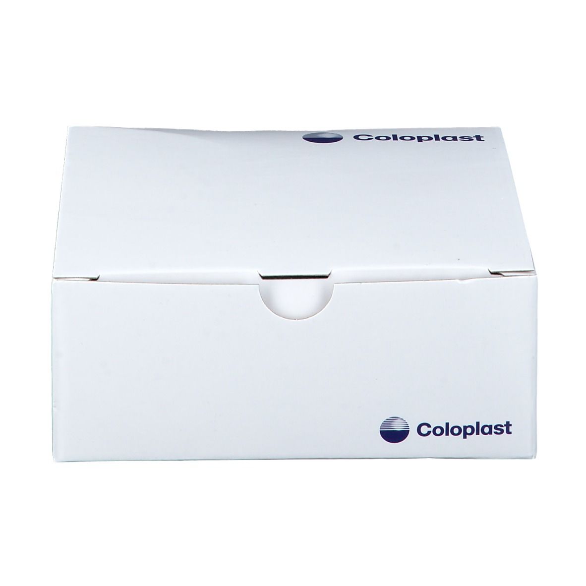 Witte verpakking met Coloplast-logo. Vooraanzicht. Gesloten verpakking.