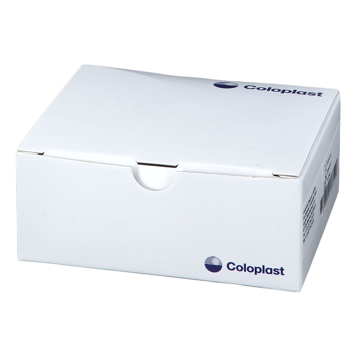 Witte verpakking met Coloplast-logo. Gesloten verpakking. Schuine hoek.