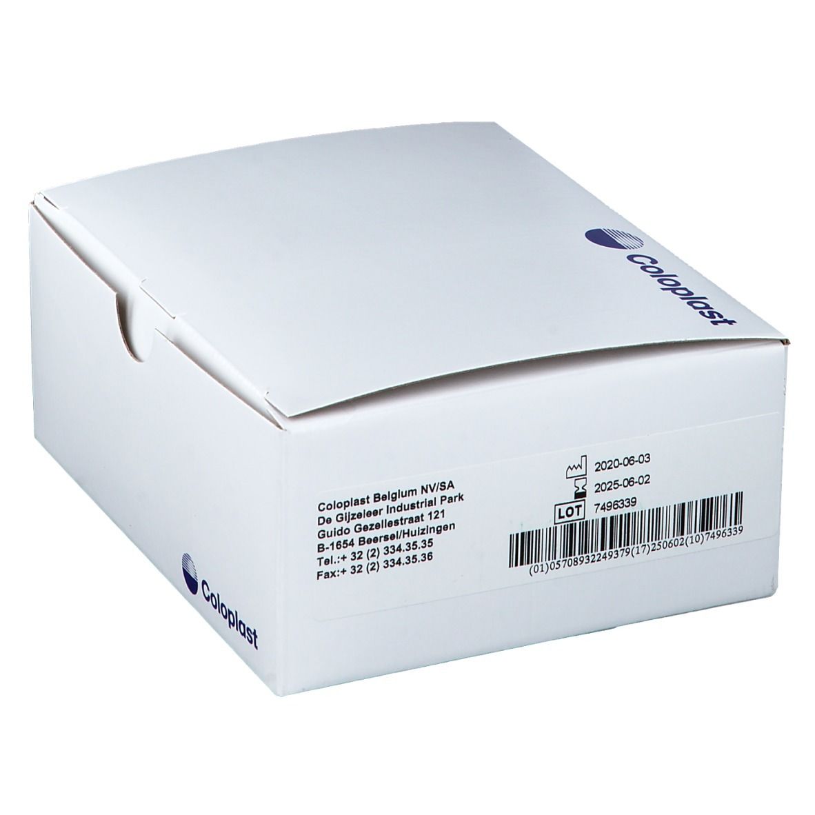 Boîte blanche avec logo Coloplast. Code-barres et informations de fabrication.