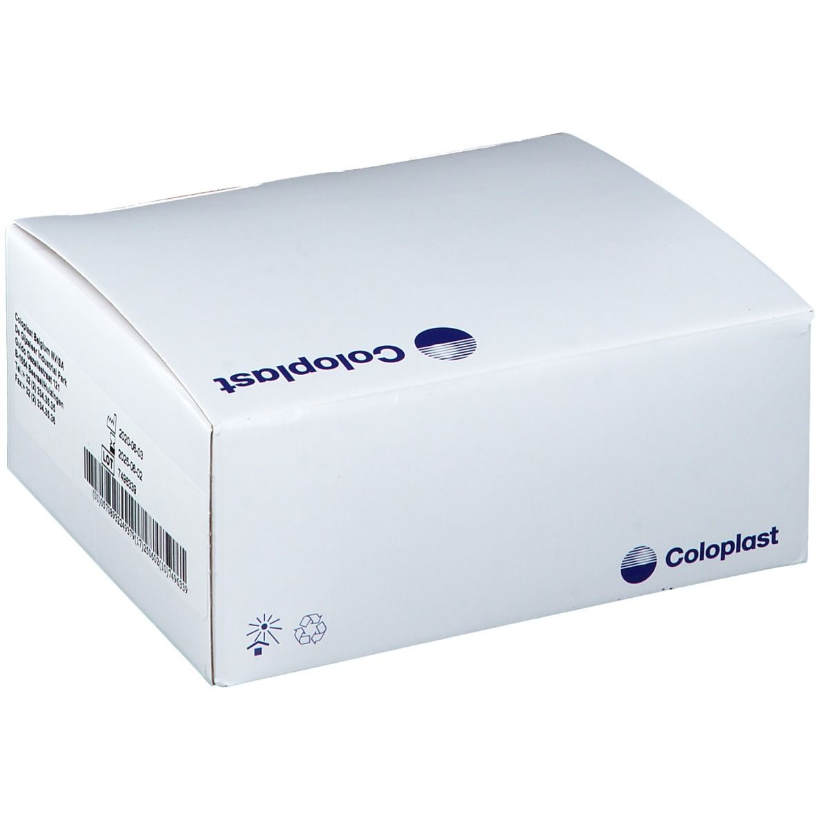 Boîte blanche avec logo Coloplast. Symboles de recyclage et autres informations.
