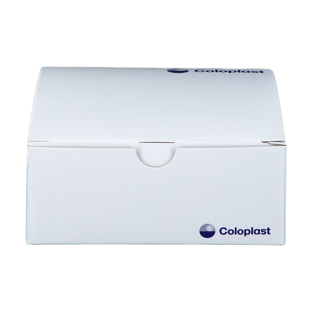 Boîte blanche avec logo Coloplast. Forme arrondie avec ouverture.
