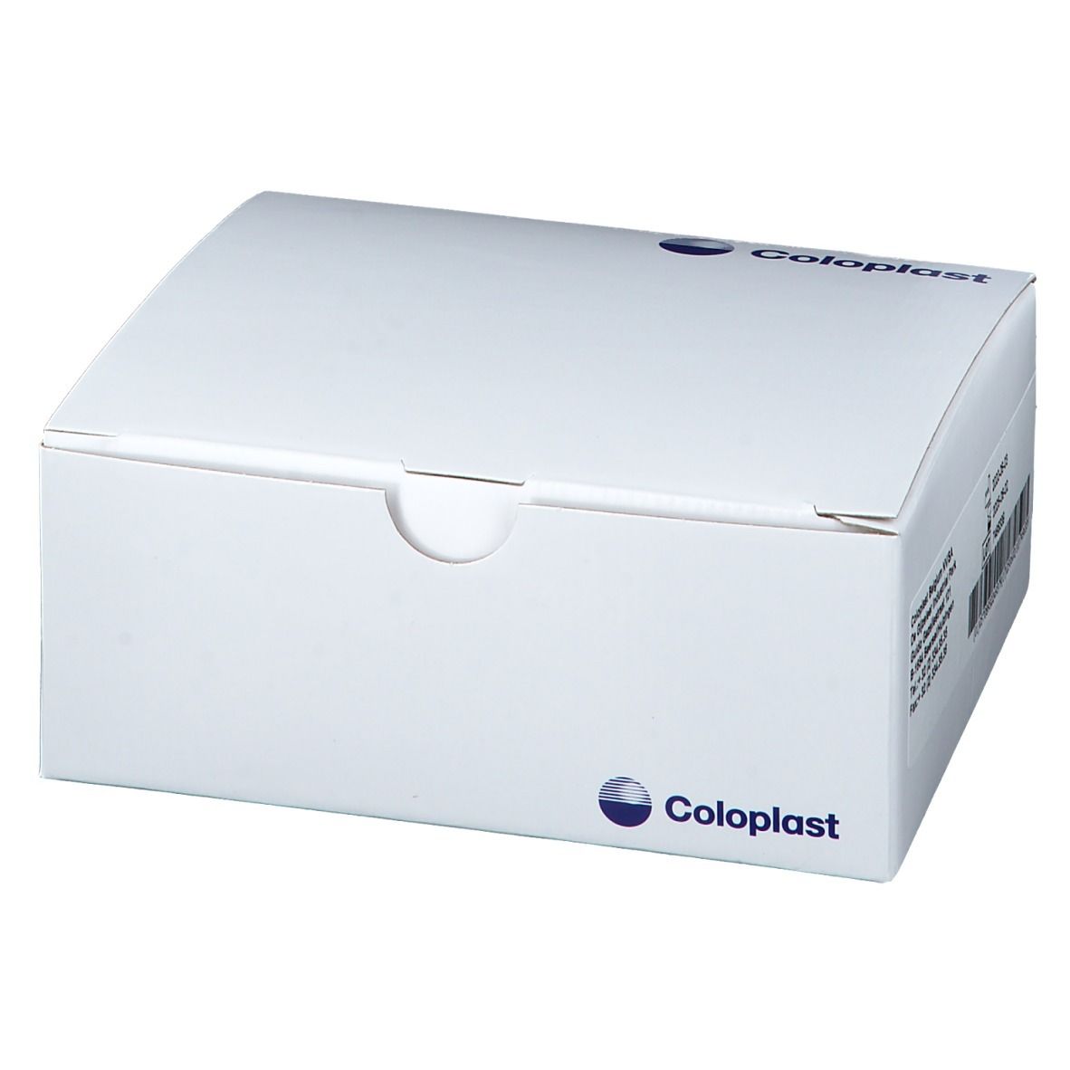 Boîte blanche avec logo Coloplast. Code-barres et informations sur le côté.