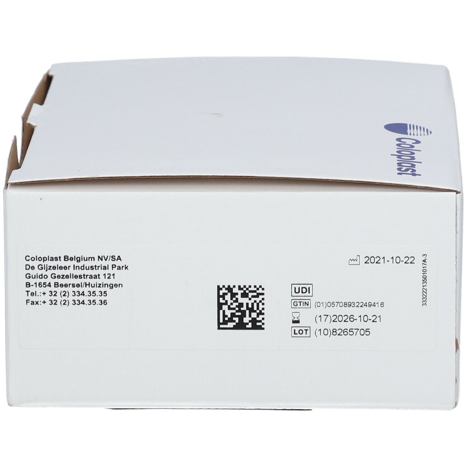 Dessus de boîte avec logo et coordonnées de l'entreprise. Code QR et informations de date.