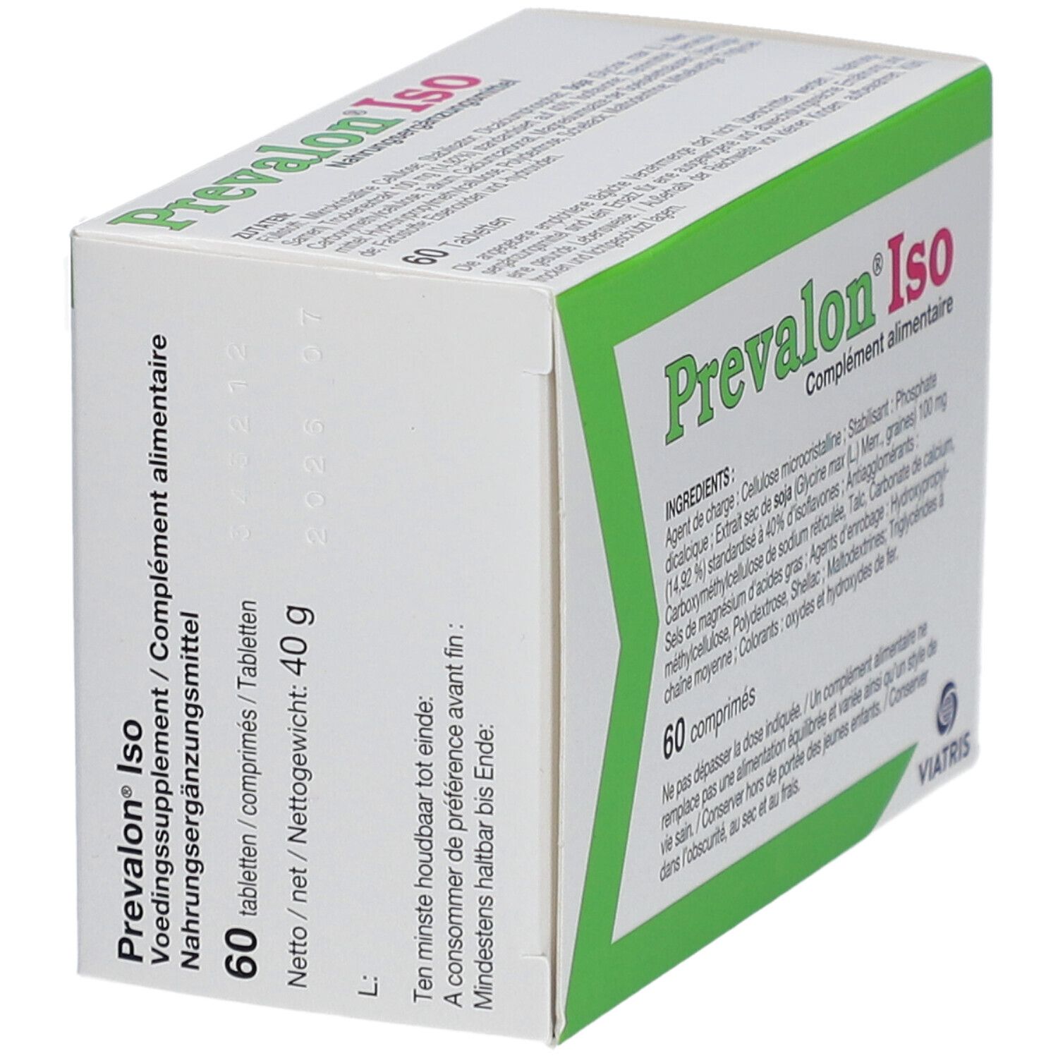 Prevalon® Iso doos, zijaanzicht. 60 tabletten, nettogewicht 40g. Houdbaarheidsdatum.