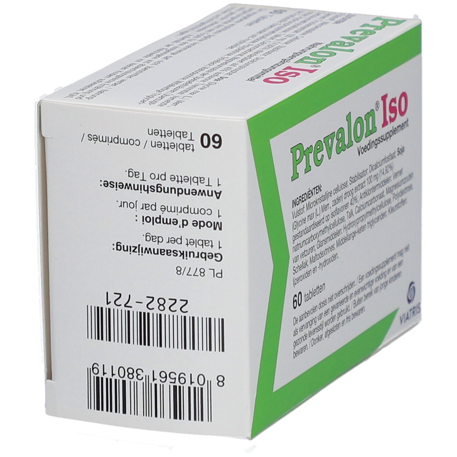 Prevalon® Iso doos, achterkant. 60 tabletten, gebruiksaanwijzing. Barcode en fabrikant.