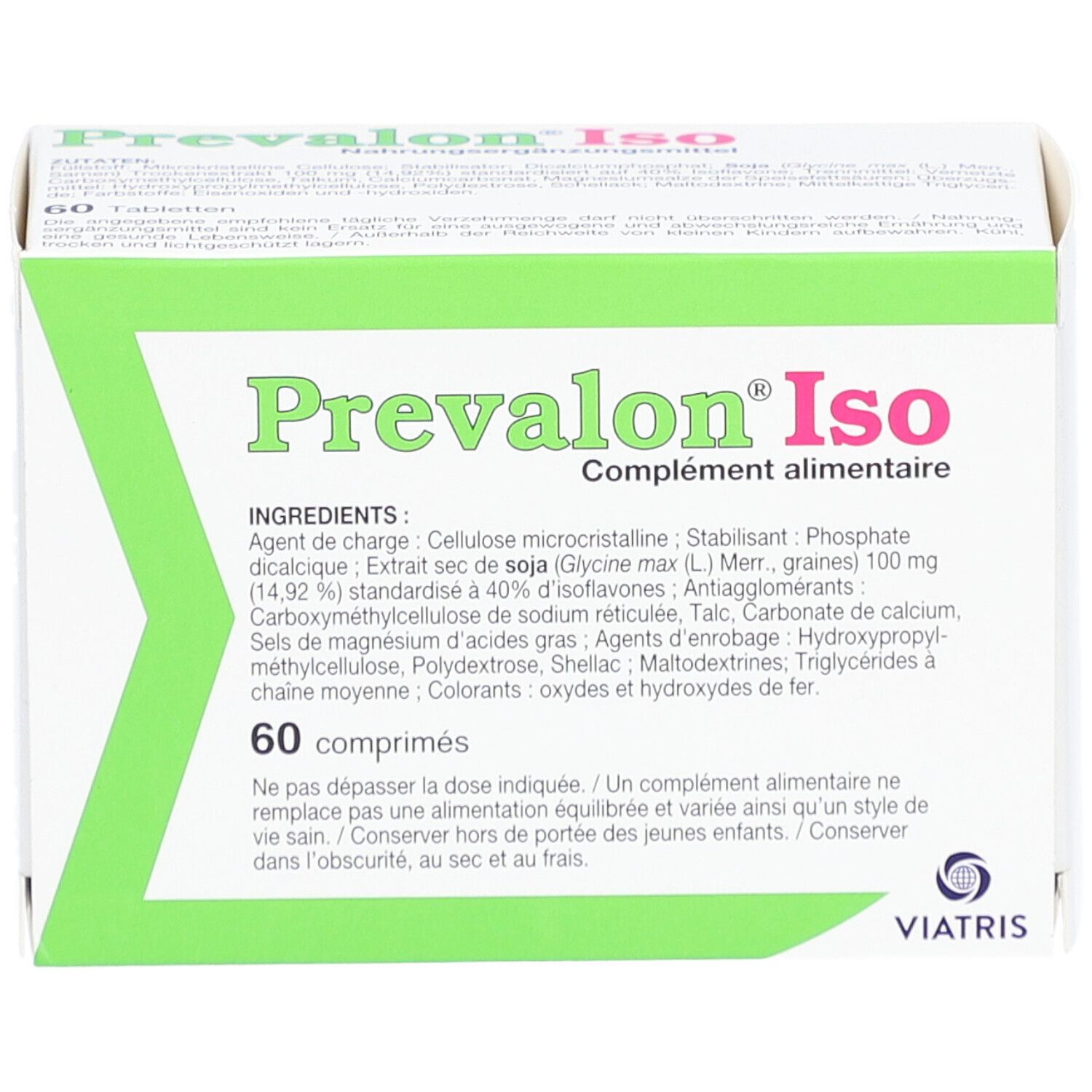 Prevalon® Iso doos met 60 tabletten. Groen-witte verpakking met productnaam en ingrediënten.