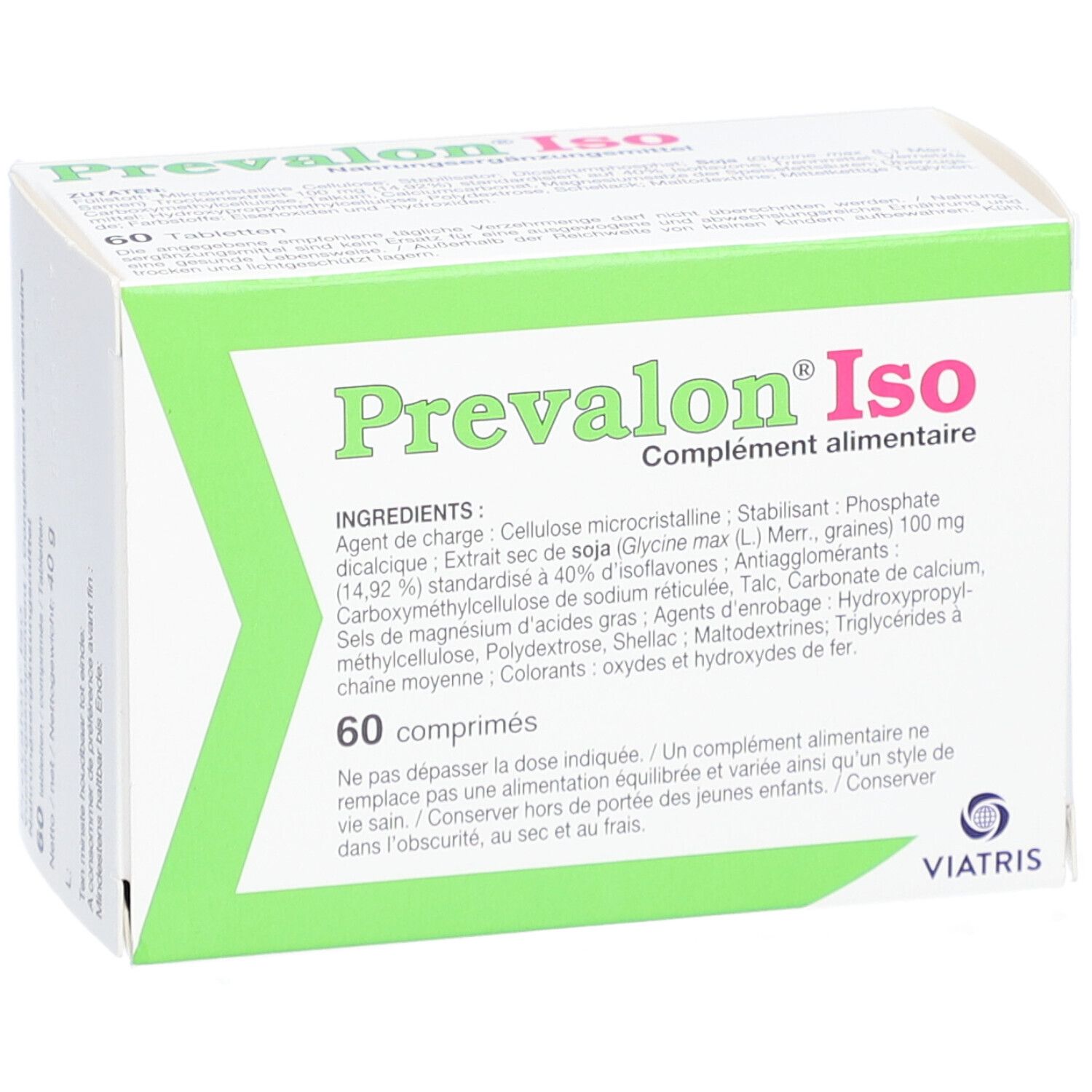 Prevalon® Iso doos met 60 tabletten. Groen-witte verpakking met productnaam en ingrediënten.